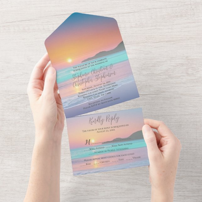 Pastel Sunset Destination Ocean Beach Wedding All In One Invitation (Tearaway)