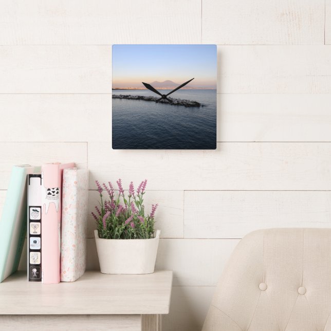 Pastel Sunset Naples Bay with Mount Vesuvius Square Wall Clock (Reading Room)