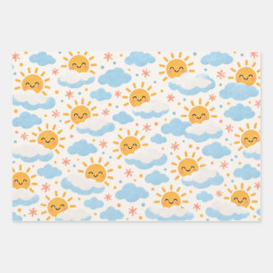 Pastel Sunshine, Clouds & Flowers Gift Wrap Set