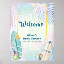 Pastel Surfboard Plam Beach Baby Shower Welcome 