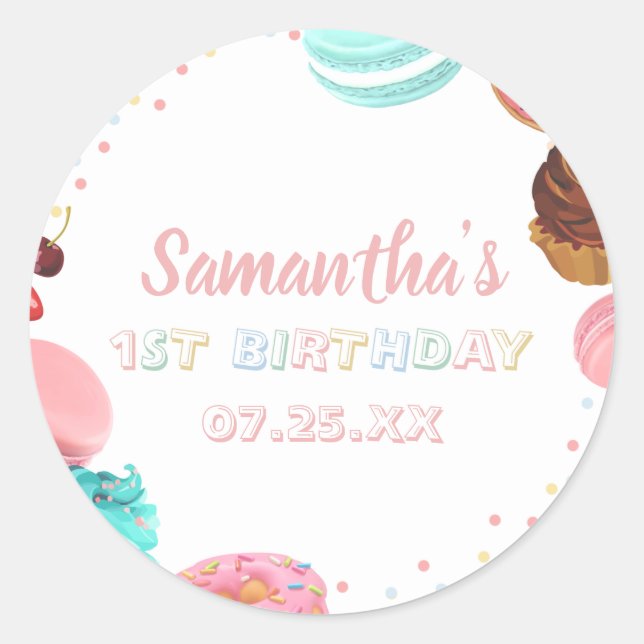Pastel Sweet Candy Lolipop Cupcake Donut Birthday Classic Round Sticker (Front)