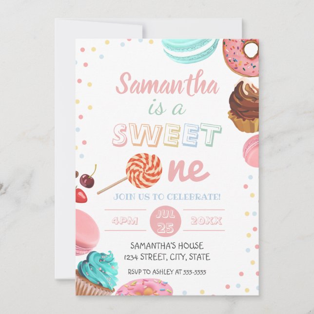 Pastel Sweet Candy Lolipop Cupcake Donut Birthday Invitation (Front)