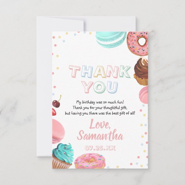 Pastel Sweet Candy Lolipop Cupcake Donut Birthday Thank You Card (Front)