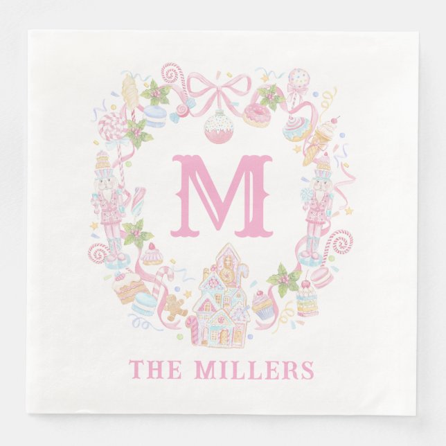 Pastel Sweet Holiday Treats Monogram Crest  Paper Dinner Napkins (Front)