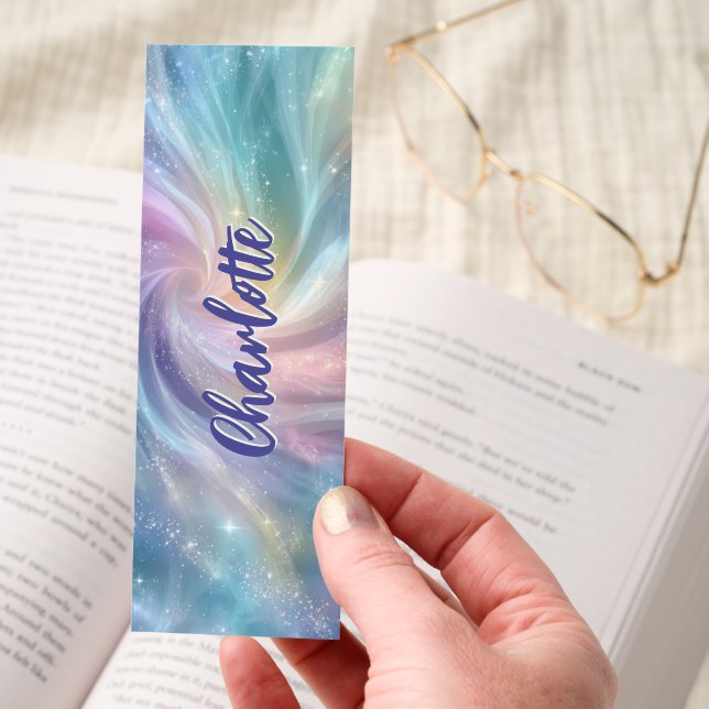 Pastel Swirl Galaxy Sparkle Personalized Bookmarks (Hand)