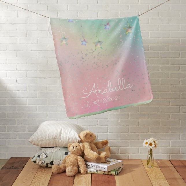 Pastel swirl holographic stars and ribbon cute  baby blanket (In Situ)