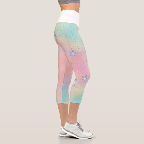 Pastel swirl holographic stars and ribbon cute cap capri leggings