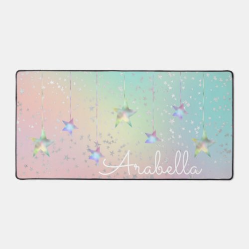 Pastel swirl holographic stars and ribbon cute   desk mat