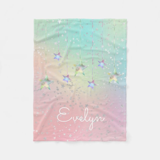 Pastel swirl holographic stars and ribbon cute fleece blanket (Front)