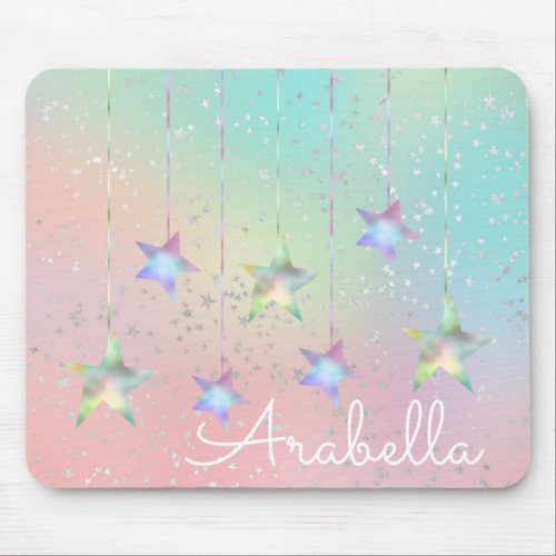 Pastel swirl holographic stars and ribbon cute   mouse pad