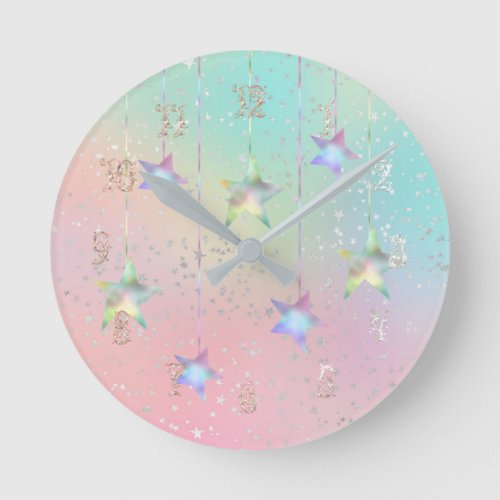 Pastel swirl holographic stars and ribbon cute round clock