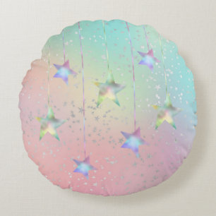 Pastel swirl holographic stars and ribbon cute round pillow