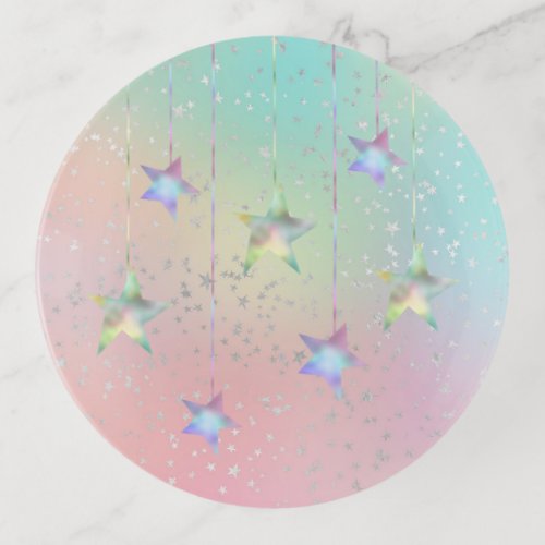 Pastel swirl holographic stars and ribbon cute  trinket tray