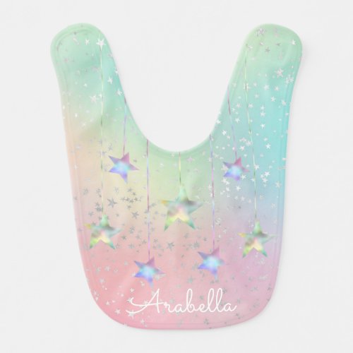 Pastel swirl holographic stars ribbon cute  baby bib