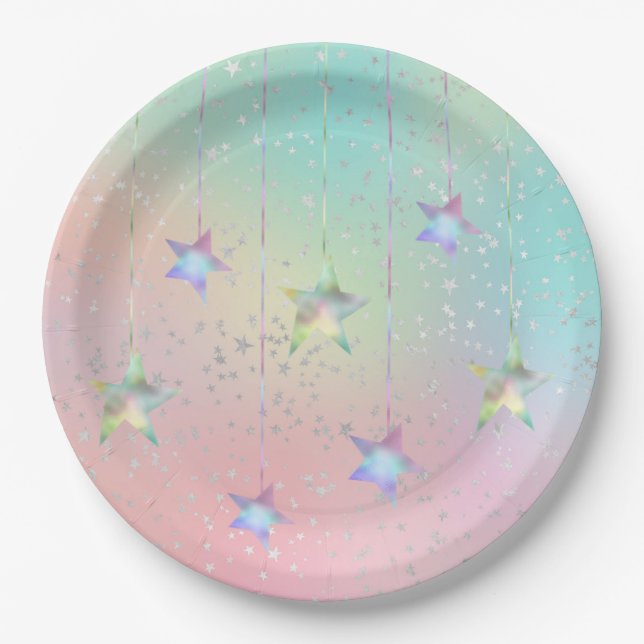 Pastel swirl holographic stars ribbon cute paper plates (Front)