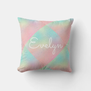 Pastel swirl tie dye cute pink teal yellow block  throw pillow