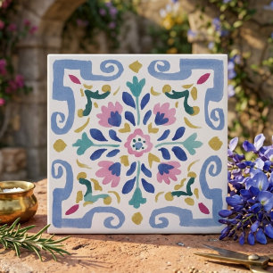 Pastel Symmetrical Floral Decorative Ceramic Tile