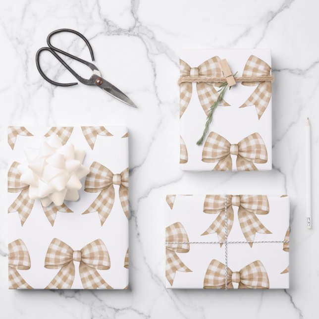 Pastel Tan and White Gingham Buffalo Plaid Bow Wrapping Paper Sheets (Front)