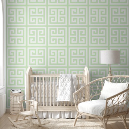 Pastel Tea Green and White Large Greek Key Wallpaper