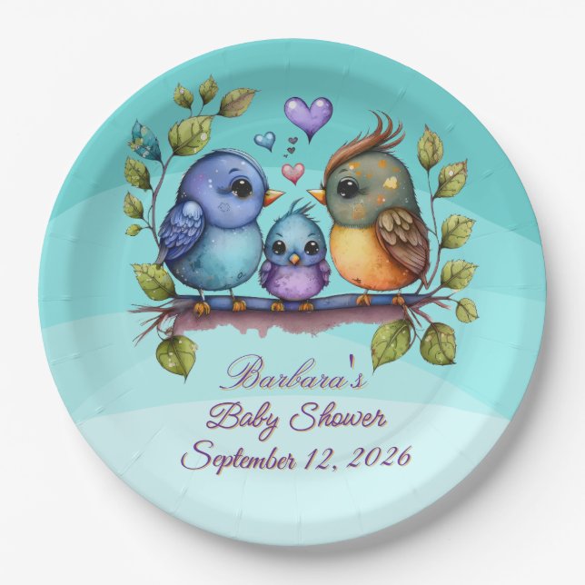 Pastel Teal Birds Paper Plates (Front)