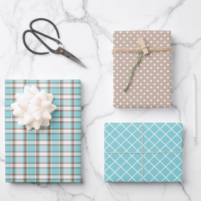 Pastel Teal Blue Coffee Brown Stripes Polkadots Wrapping Paper Sheets (Front)