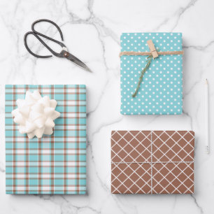 Pastel Teal Blue Coffee Brown Stripes Polkadots Wrapping Paper Sheets