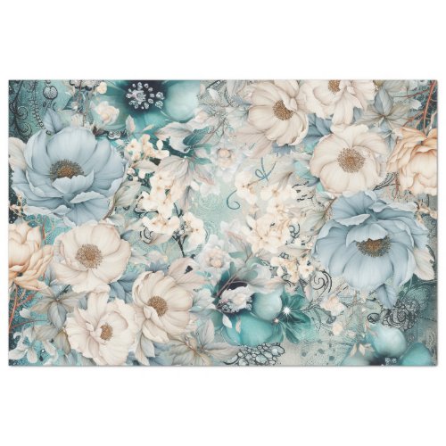 Pastel Teal  Blue Watercolor Florals Tissue Paper