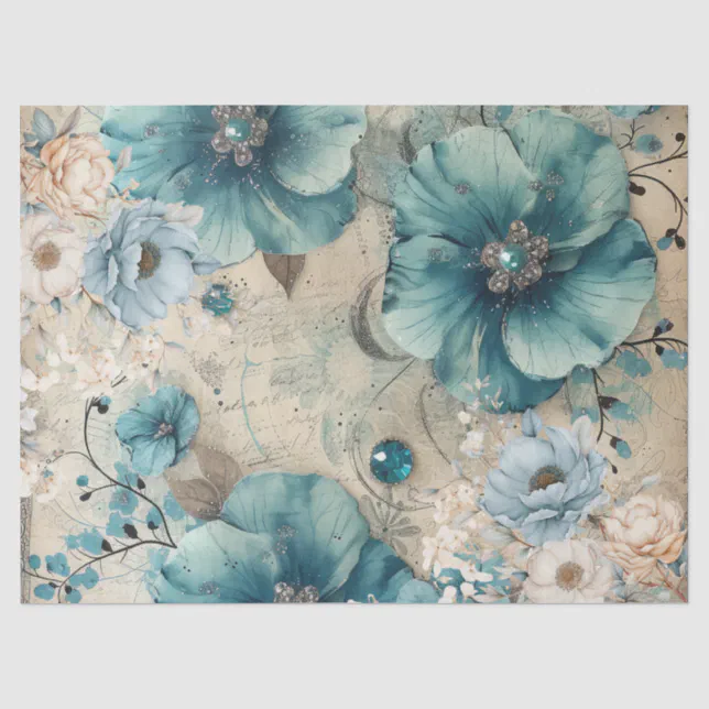 Pastel Teal & Blue Watercolor Florals Tissue Paper | Zazzle