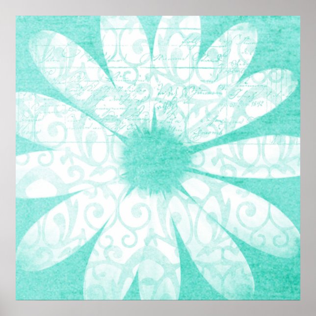 Pastel teal blue white artsy daisy flower poster (Front)
