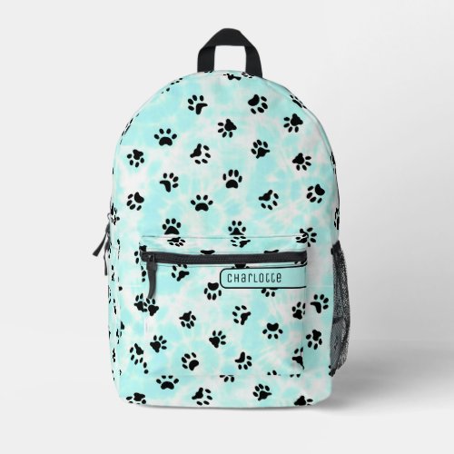 Pastel Teal Blue White Shibori Paw Pattern Cute Printed Backpack