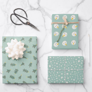 Pastel Teal Christmas Snowmen Trees Stars Wrapping Paper Sheets