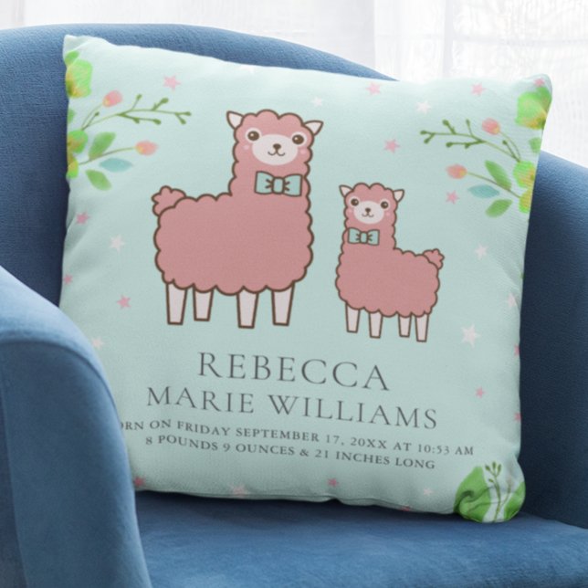 Pastel Teal Cute Pink Llama Baby Girl Birth Stats Throw Pillow (Creator Uploaded)