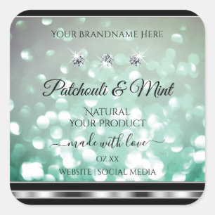 Pastel Teal Glitter Product Labels with Diamonds