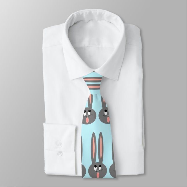 Pastel Teal Grey Easter Bunny Pattern Mens Neck Tie (Tied)