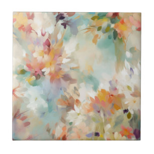 Pastel Teal, Mauve, Gold FloraI Impressionist Ceramic Tile