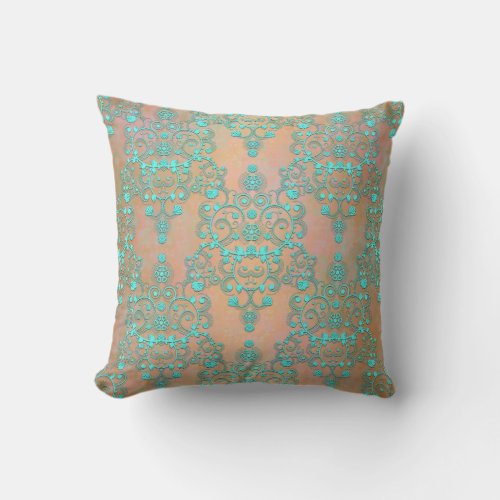 Pastel Teal over Peachy Gold Fancy Damask Throw Pillow