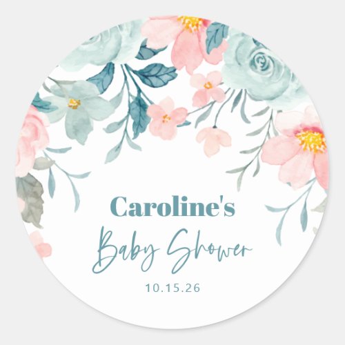 Pastel Teal Pink Floral Baby Shower Custom Classic Round Sticker