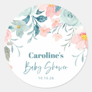 Pastel Teal Pink Floral Baby Shower Custom Classic Round Sticker
