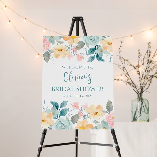 Pastel Teal Pink Floral Custom Shower Welcome Sign (In Situ (Stand))