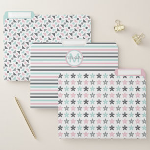 Pastel Teal Pink Geometric Pattern Monogram File Folder