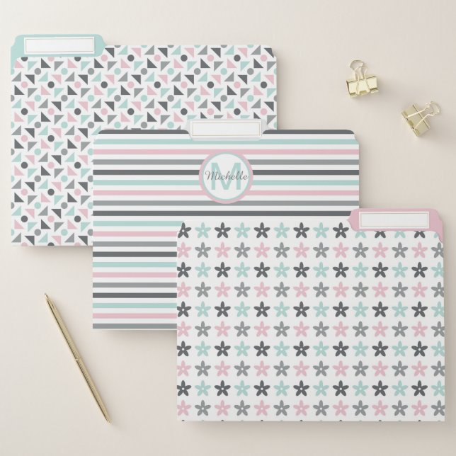 Pastel Teal Pink Geometric Pattern Monogram File Folder (Set)