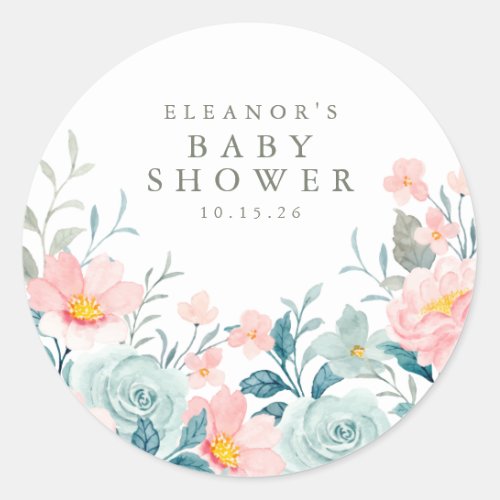 Pastel Teal Pink Watercolor Floral Baby Shower Classic Round Sticker