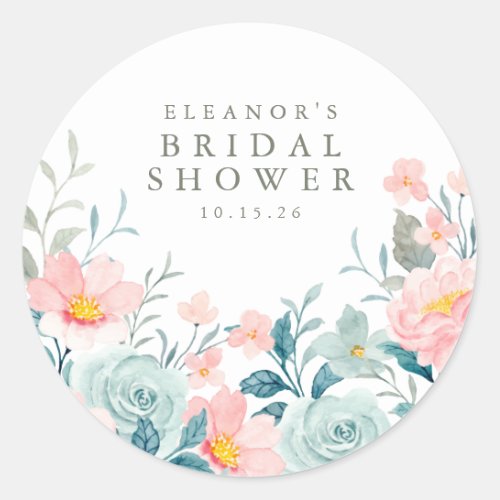 Pastel Teal Pink Watercolor Floral Bridal Shower Classic Round Sticker