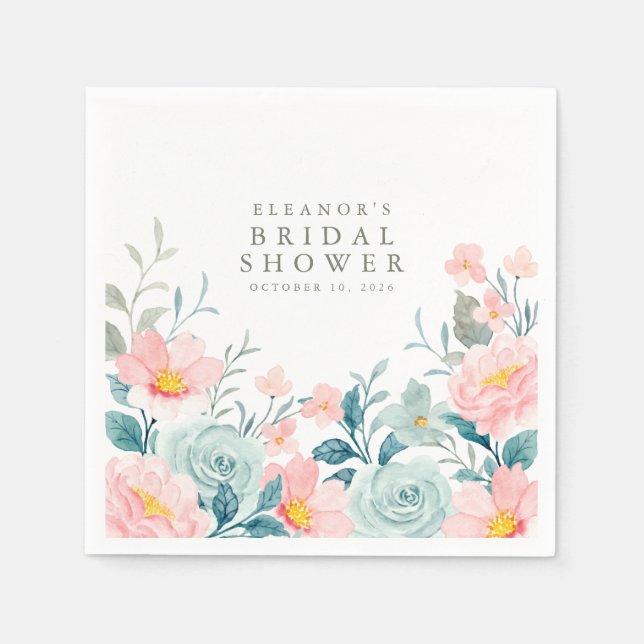 Pastel Teal Pink Watercolor Floral Bridal Shower  Napkins (Front)