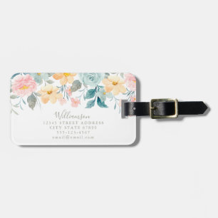 Pastel Teal Pink Watercolor Floral Custom Wedding Luggage Tag