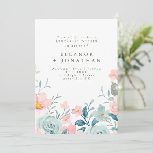 Pastel Teal Pink Watercolor Floral Rehearsal  Invitation