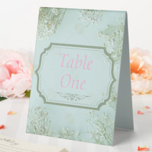 Pastel Teal White Flowers Wedding Table Tent