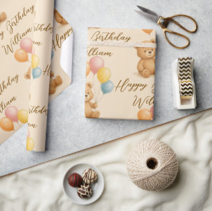 Pastel Teddy Bear Birthday Wrapping Paper Text