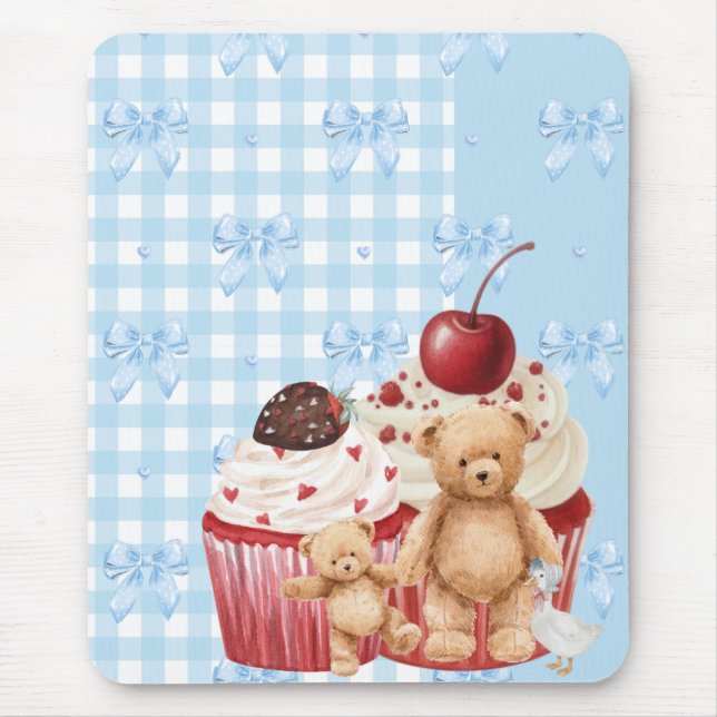 pastel "teddy bear" cupcake kawaii gingham ribbon  mouse pad (Front)