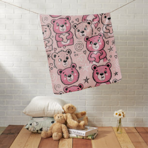Pastel Teddy Bear Heart Pattern Baby Blanket